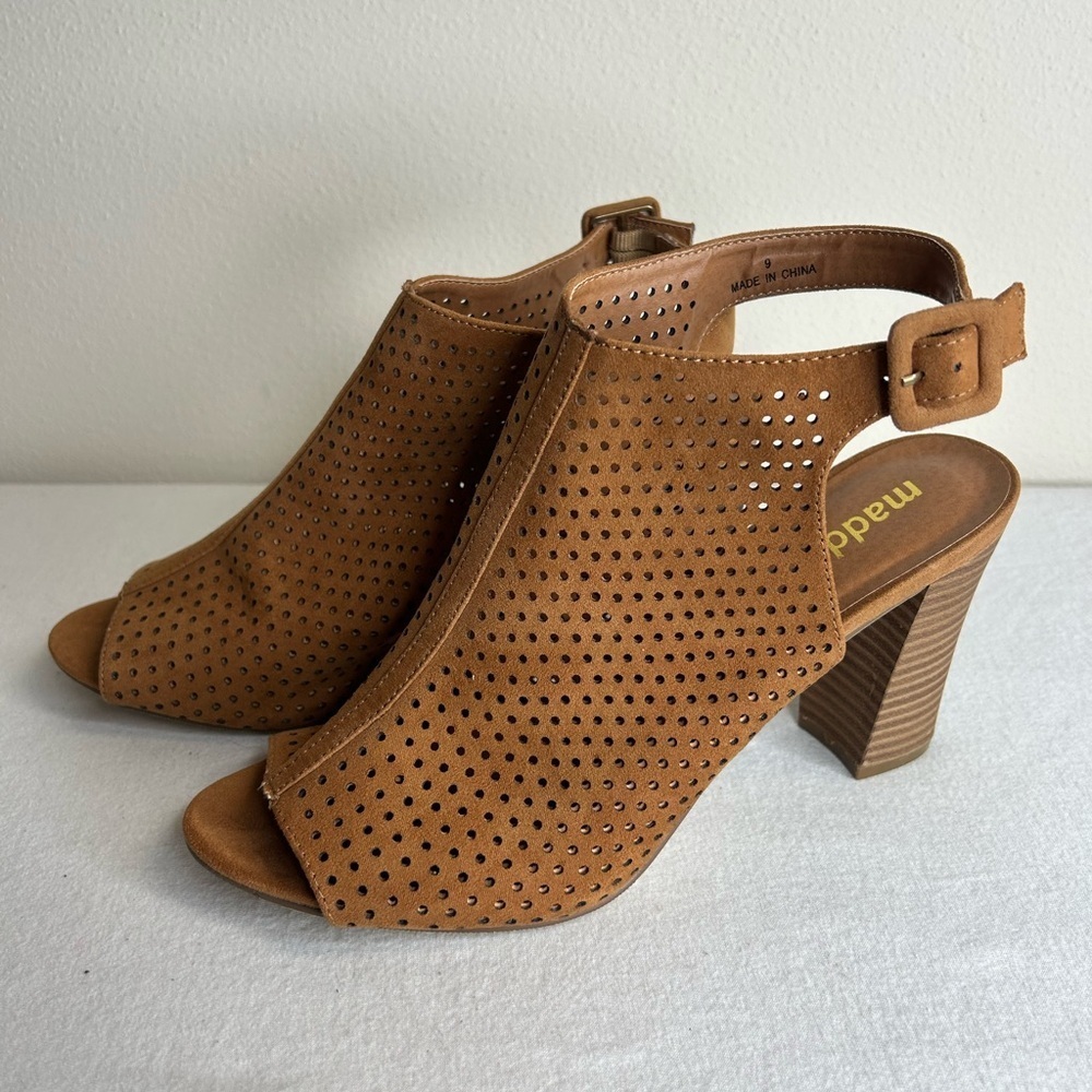 Madden Tan Perforated Peep-Toe Block Heels 9 - Picture 3 of 7